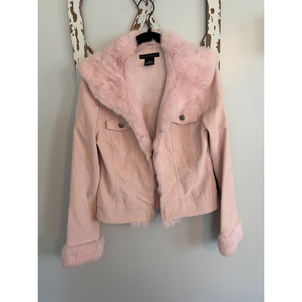Sheri Bodell Corduroy Jacket with Rabbit Fur Trim Size Medium Pink Y2K
